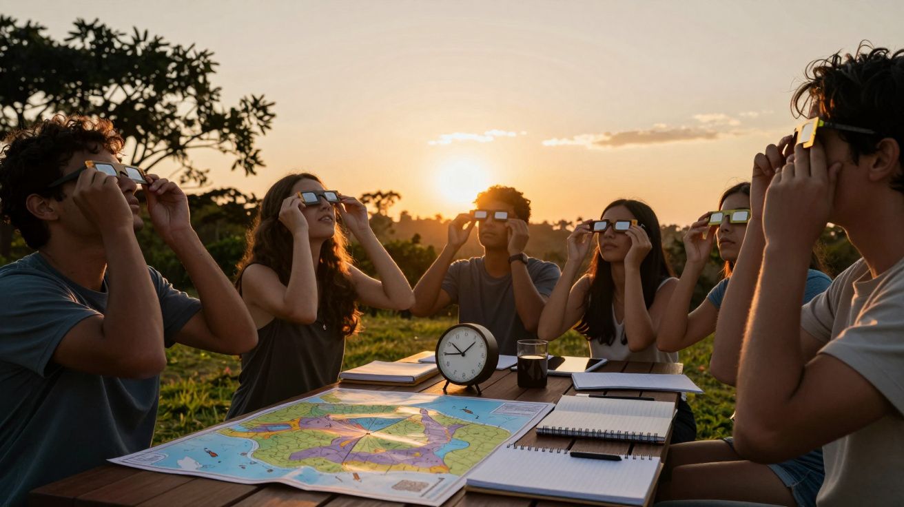 Grupo de jovens observa pôr do sol com óculos especiais, sentados a uma mesa com mapas e um relógio.