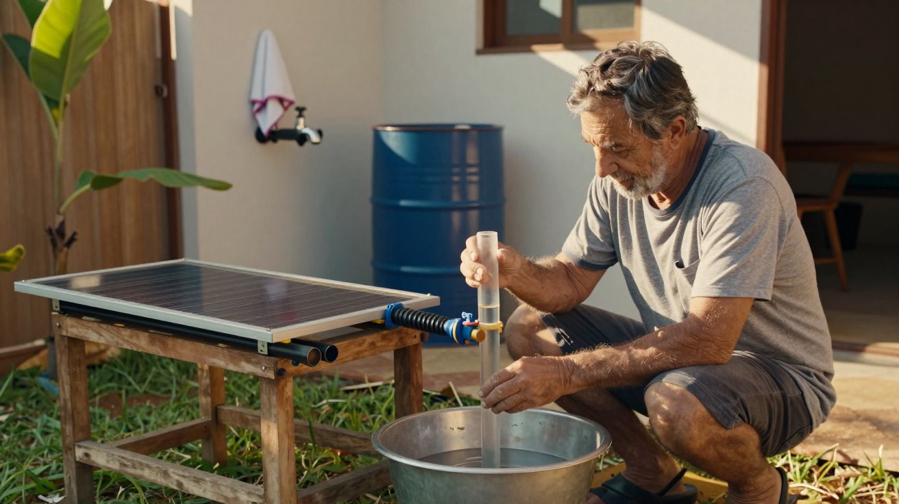 Homem de joelhos verifica a temperatura da água aquecida por painel solar no jardim, ao lado de um barril azul.