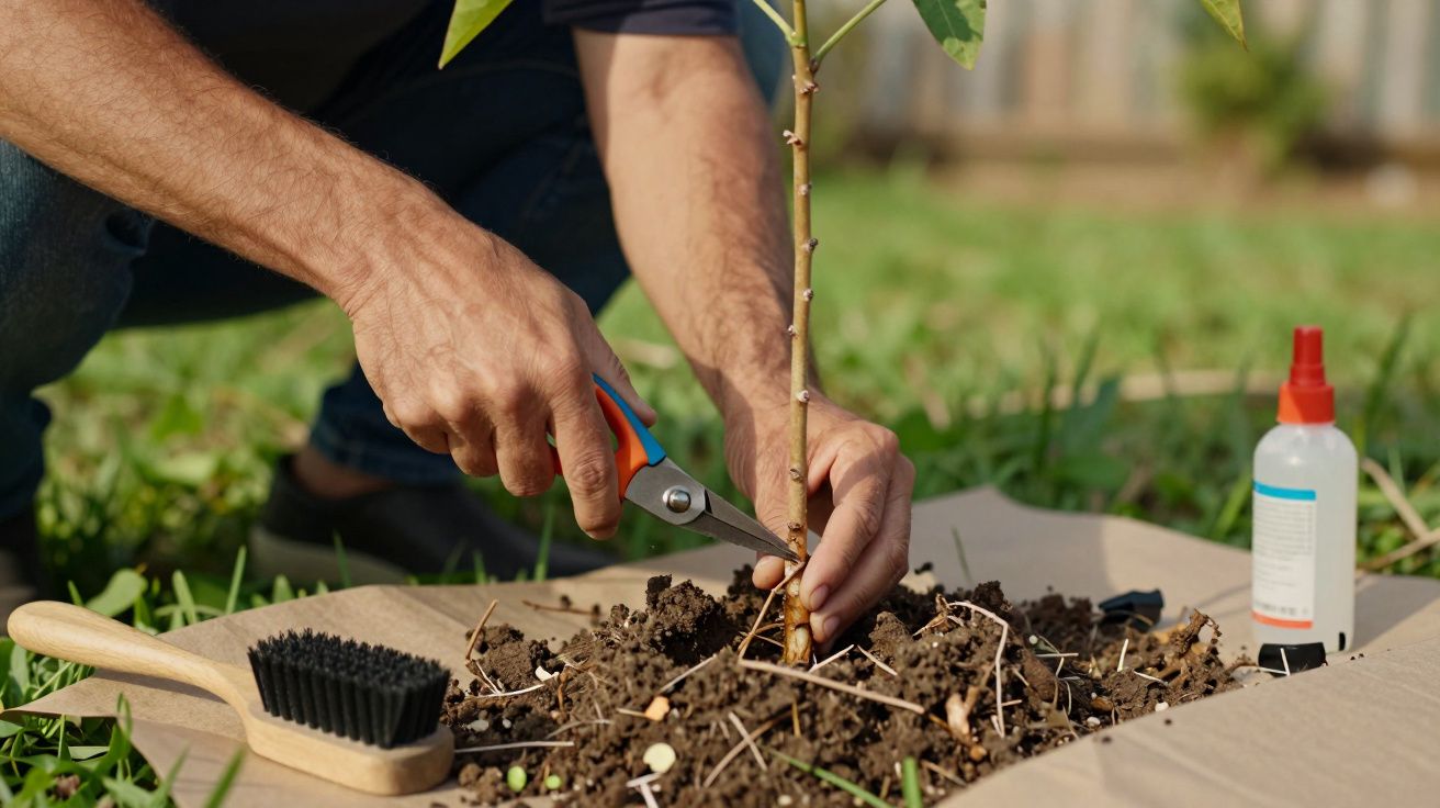 Pessoa a podar uma planta jovem no jardim com tesoura de poda; escova e frasco ao lado.