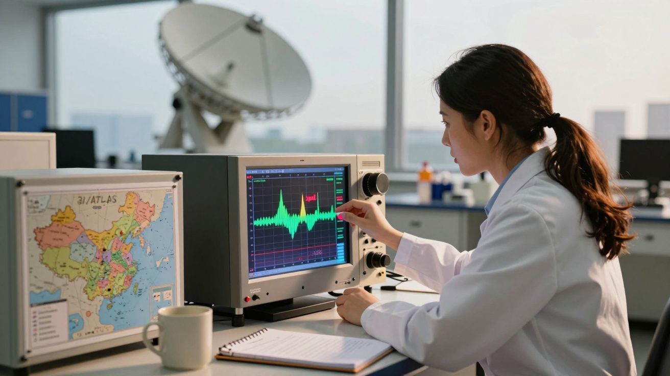 Cientista analisa gráficos em monitor de laboratório com equipamento eletrônico e mapa em fundo.