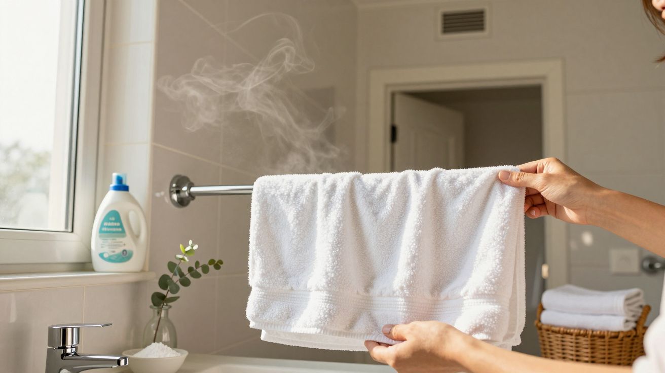 Toalha branca a ser pendurada num suporte na casa de banho com vapor. Botija de detergente e planta visíveis.