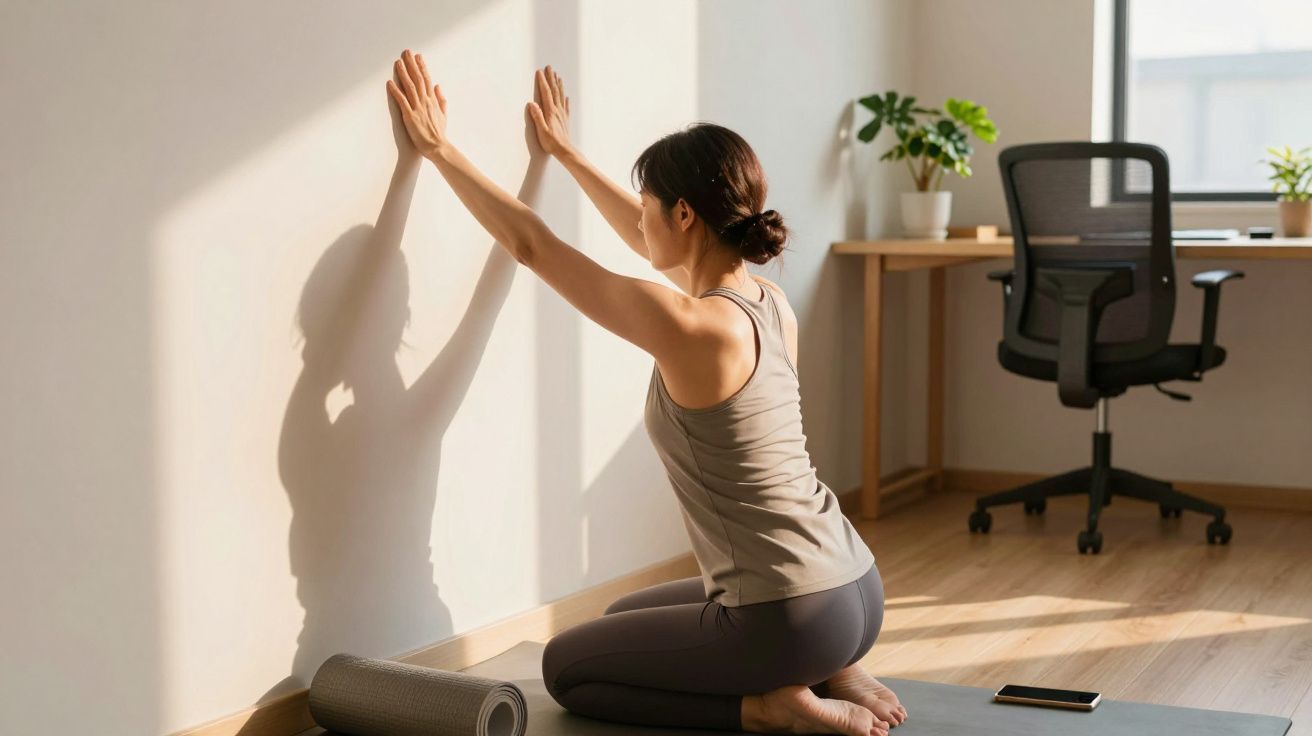 Mulher de joelhos no tapete de ioga, com as mãos na parede; ambiente doméstico com planta e secretária ao fundo.
