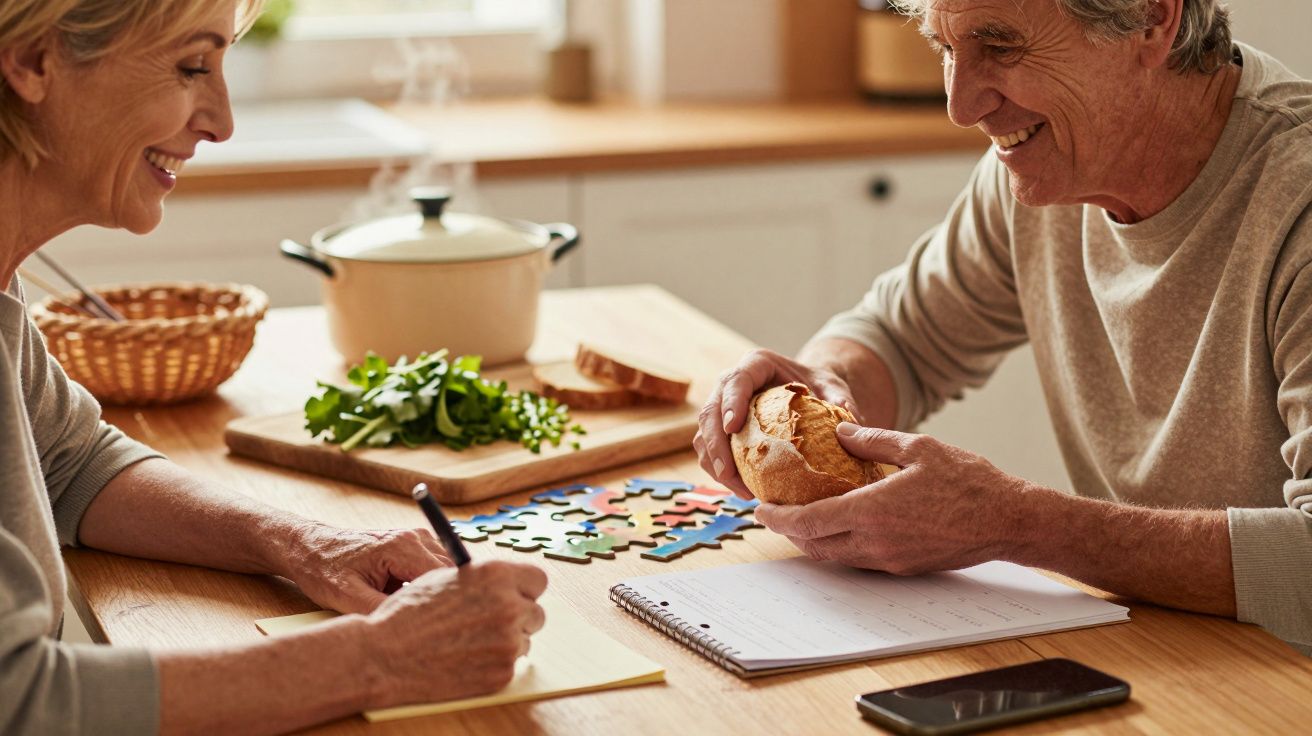 Casal sénior feliz na cozinha, montando um puzzle, com comida e um caderno na mesa.