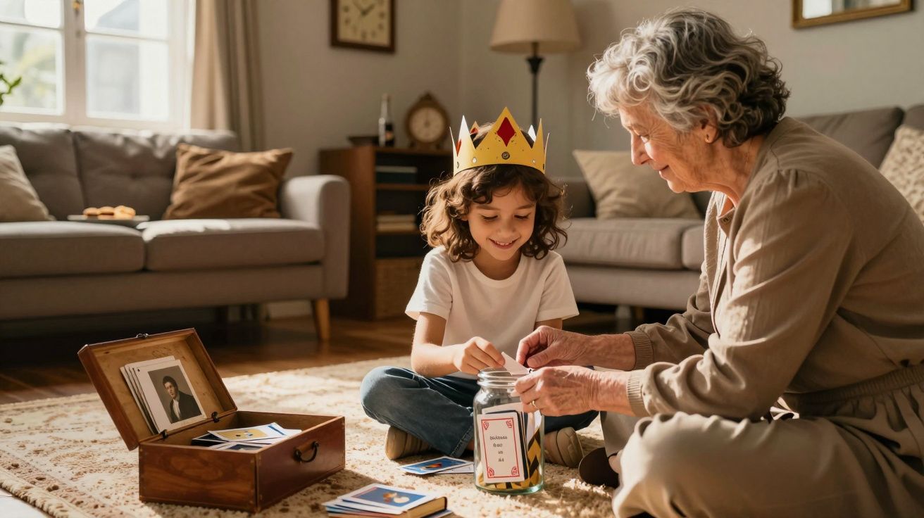 Avó e neto brincam no tapete, o neto usa uma coroa de papel.