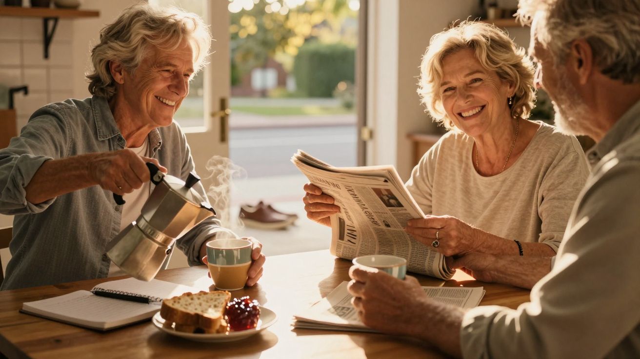 Três pessoas idosas sentadas à mesa apreciando café e bolo. Duas delas sorriem enquanto leem o jornal.