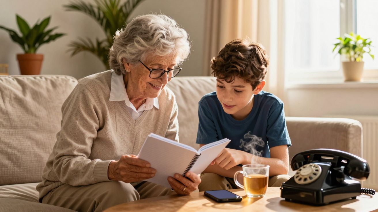 Avó e neto a ler um livro no sofá, com telefone e chá na mesa.
