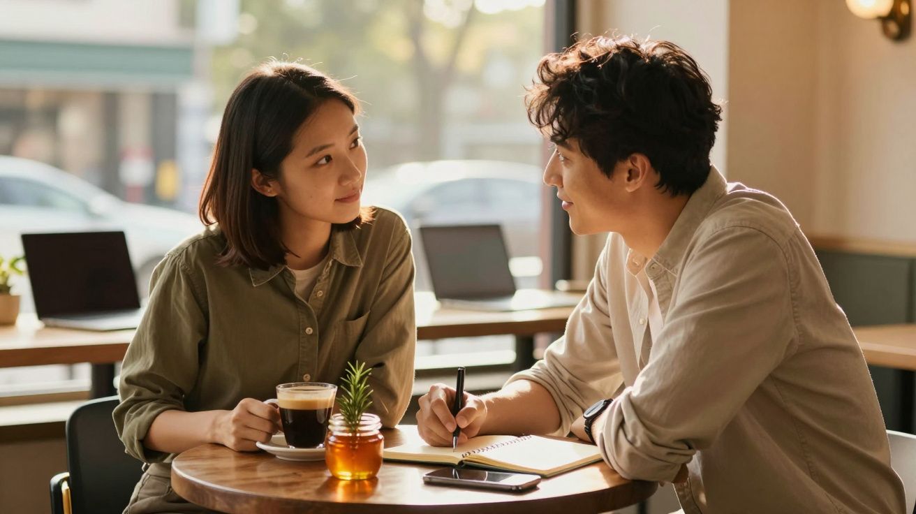Duas pessoas conversam numa mesa de café, uma segura uma caneca, a outra escreve num bloco de notas.