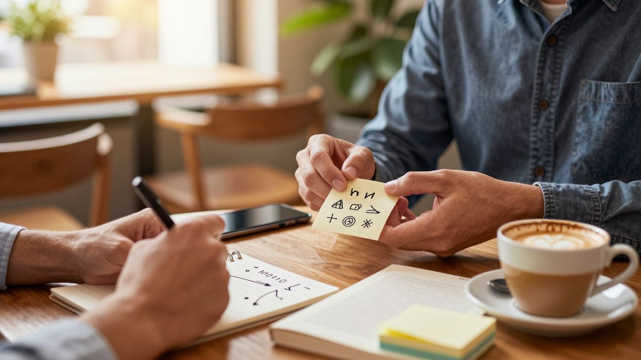 Duas pessoas numa mesa discutindo símbolos desenhados em papel, com um café à mão.