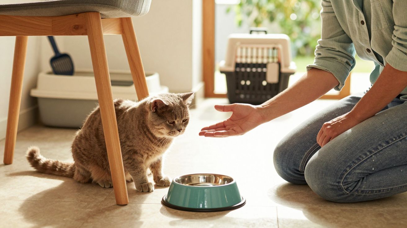 Pessoa ajoelhada a tentar alimentar gato com tigela azul no chão, numa sala com mobiliário e janela ao fundo.