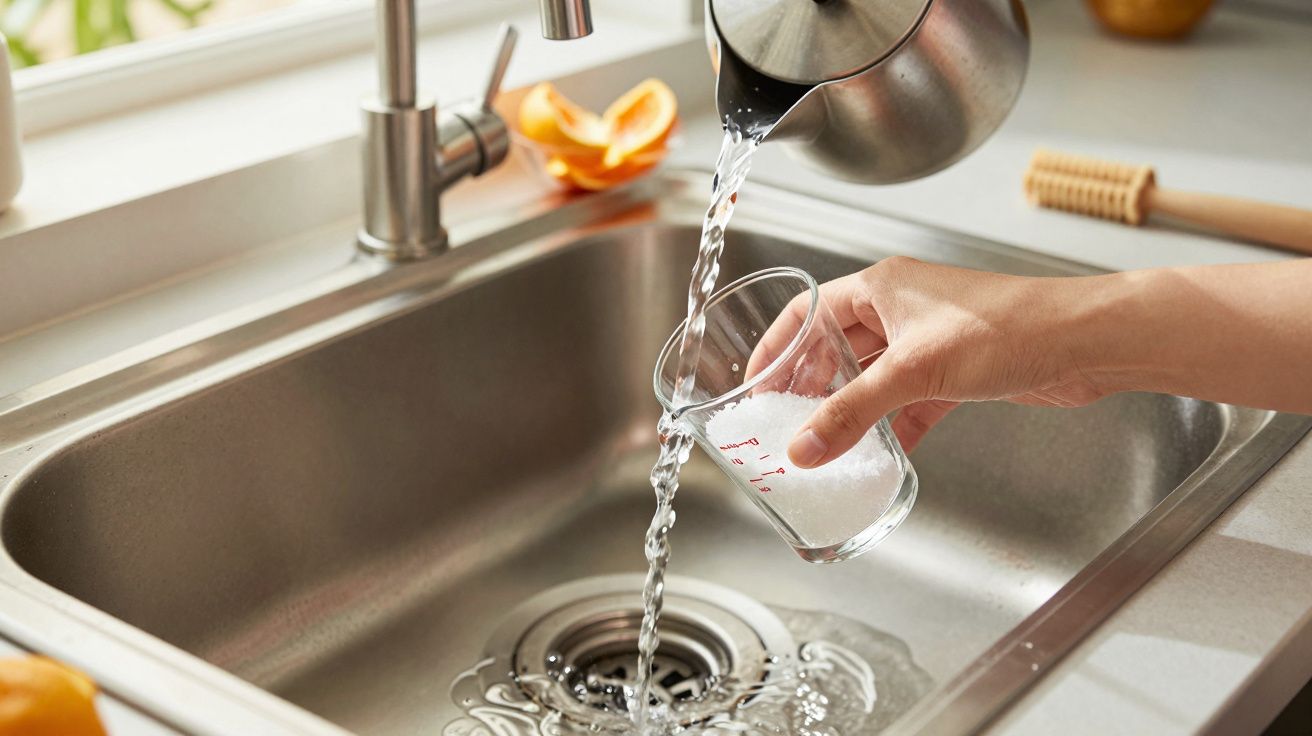 Pessoa a encher copo de vidro com água de chaleira sobre lava-loiça de inox, com cascas de laranja ao fundo.