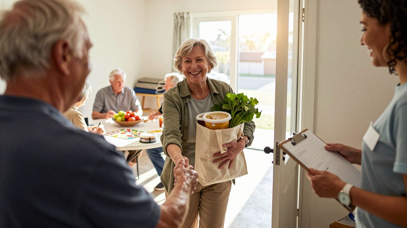 Mulher idosa sorridente entra em sala e cumprimenta homem, carregando saco de compras; outras pessoas ao fundo.