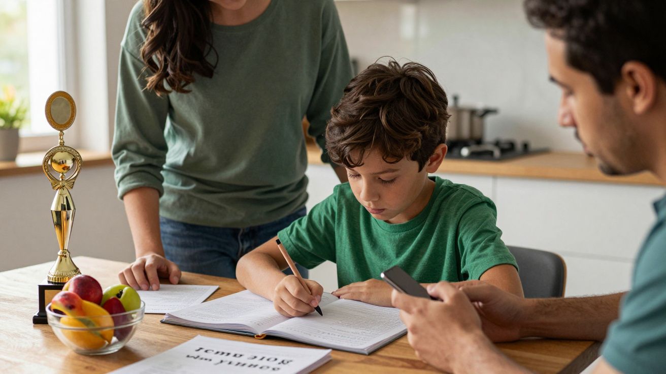 Menino a fazer trabalhos de casa na cozinha, com um adulto ao lado segurando o telemóvel e outra pessoa em pé.