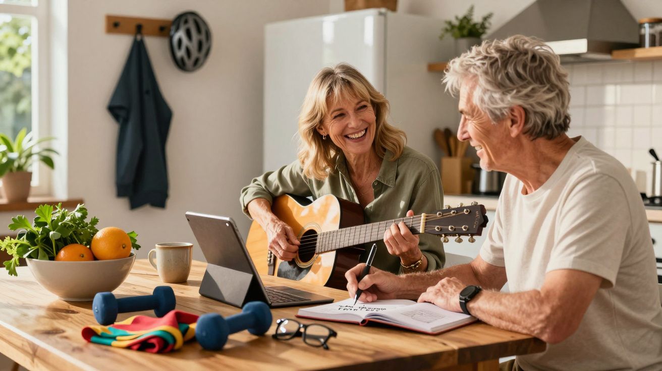 Casal sorridente na cozinha, ela toca guitarra enquanto ele escreve em caderno, com frutas e pesos na mesa.