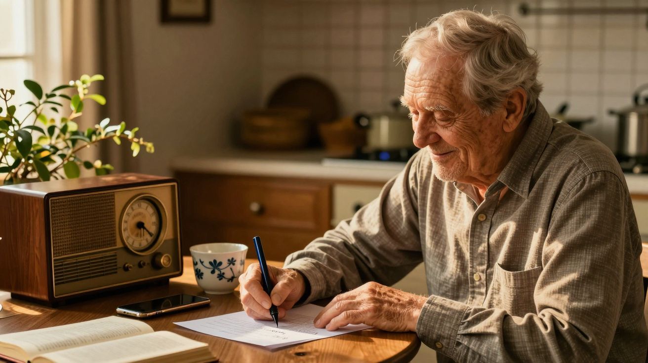Senhor idoso escreve numa mesa de cozinha ao lado de uma rádio vintage, uma chávena e um telemóvel.