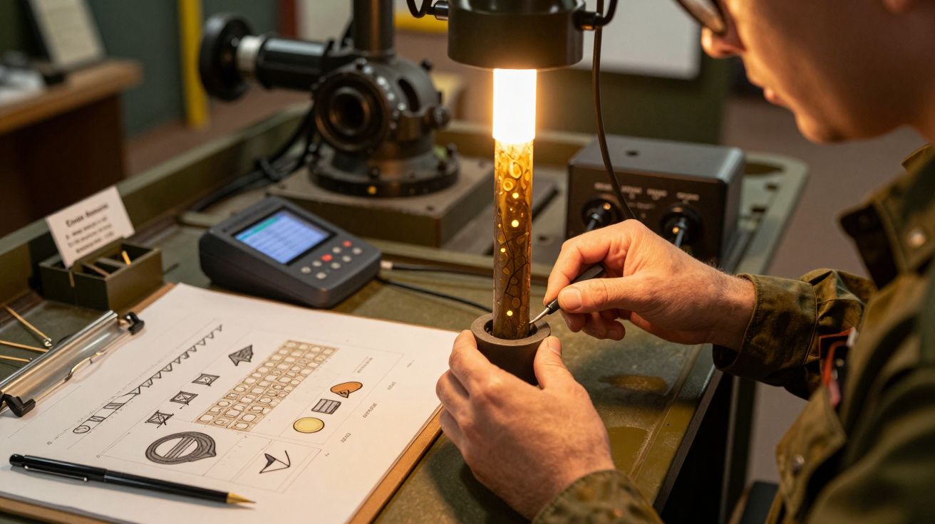 Homem analisa objeto cilíndrico iluminado numa máquina, ao lado de um caderno com esboços geométricos sobre a mesa.