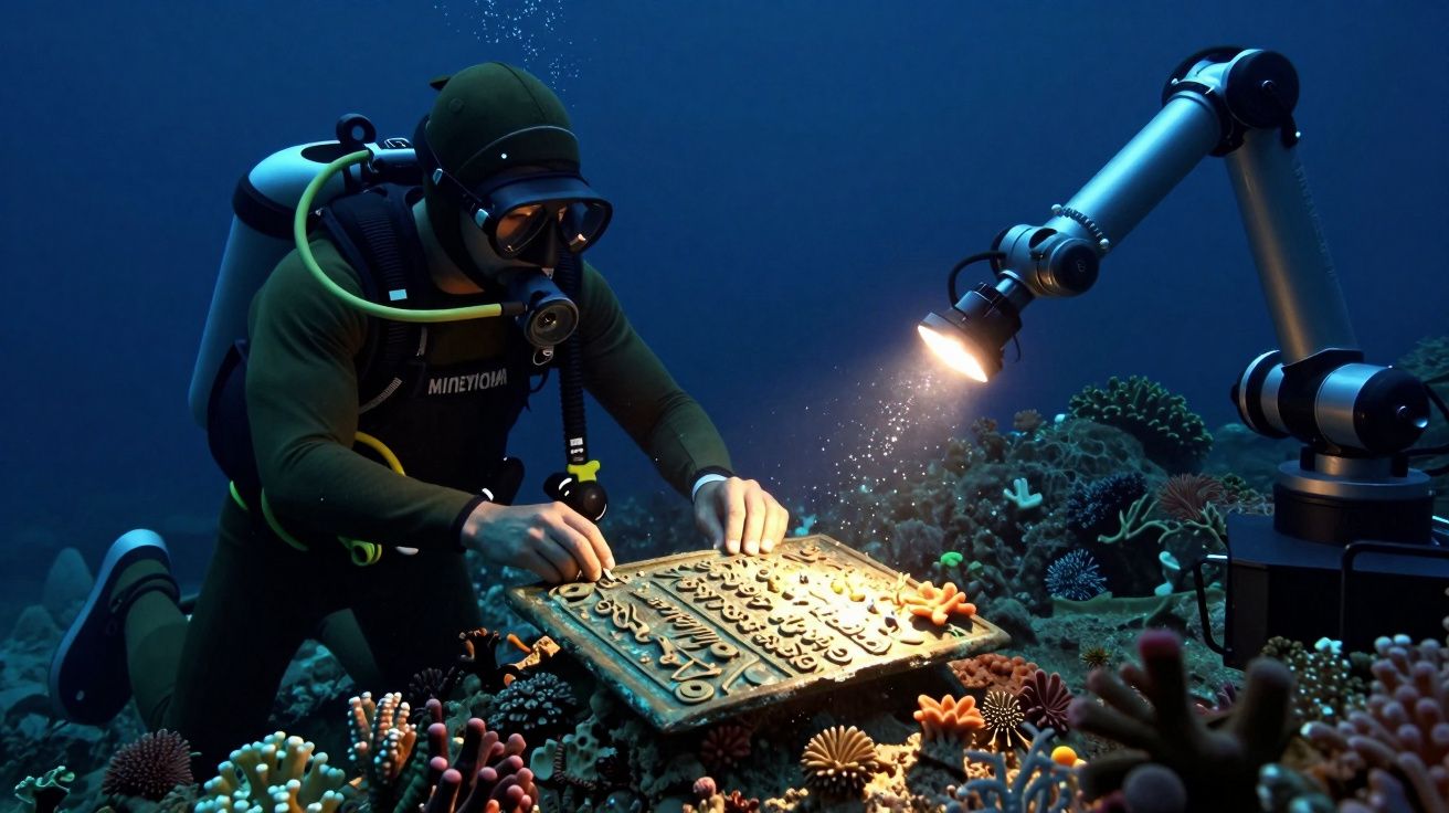 Mergulhador examina tábuas antigas no fundo do mar, iluminadas por um braço robótico, cercado por corais coloridos.