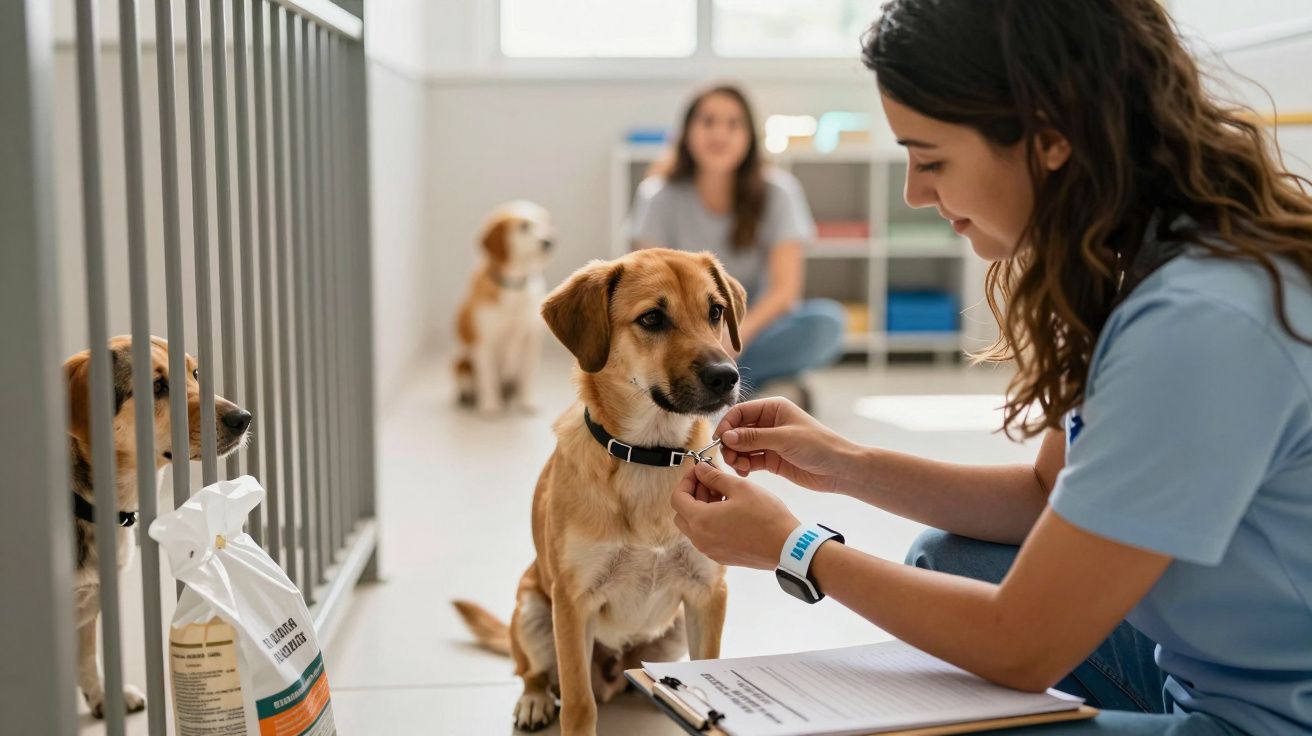 Veterinária examina um cão castanho com coleira. Ao fundo, outra pessoa sentada e outros cães na sala.