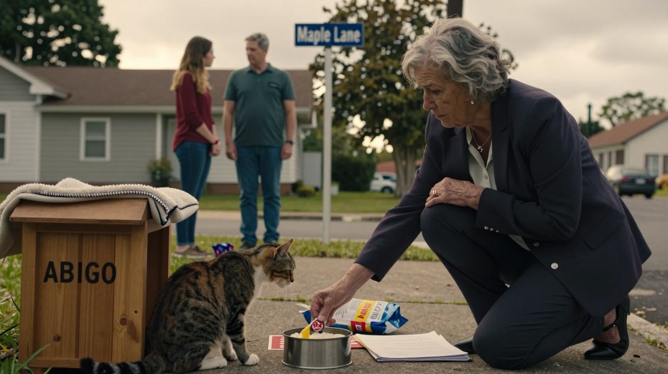 Mulher idosa alimenta gato na rua. Atrás, um casal conversa em frente a casas e ao letreiro "Maple Lane".