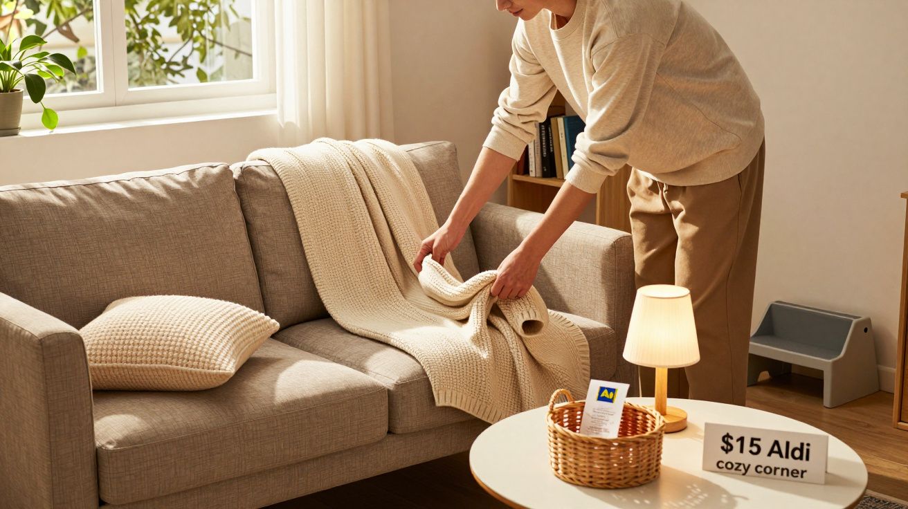 Pessoa a arrumar manta num sofá cinzento com almofada, mesa de café com lâmpada, cesto e etiqueta de preço.