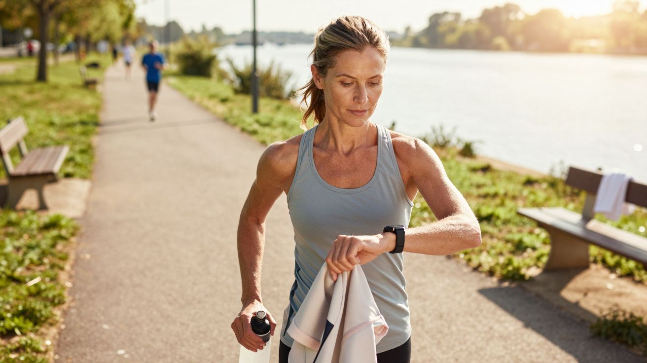 Mulher a correr junto a um rio, verificando o relógio. Segura uma garrafa e toalha. Dia ensolarado.