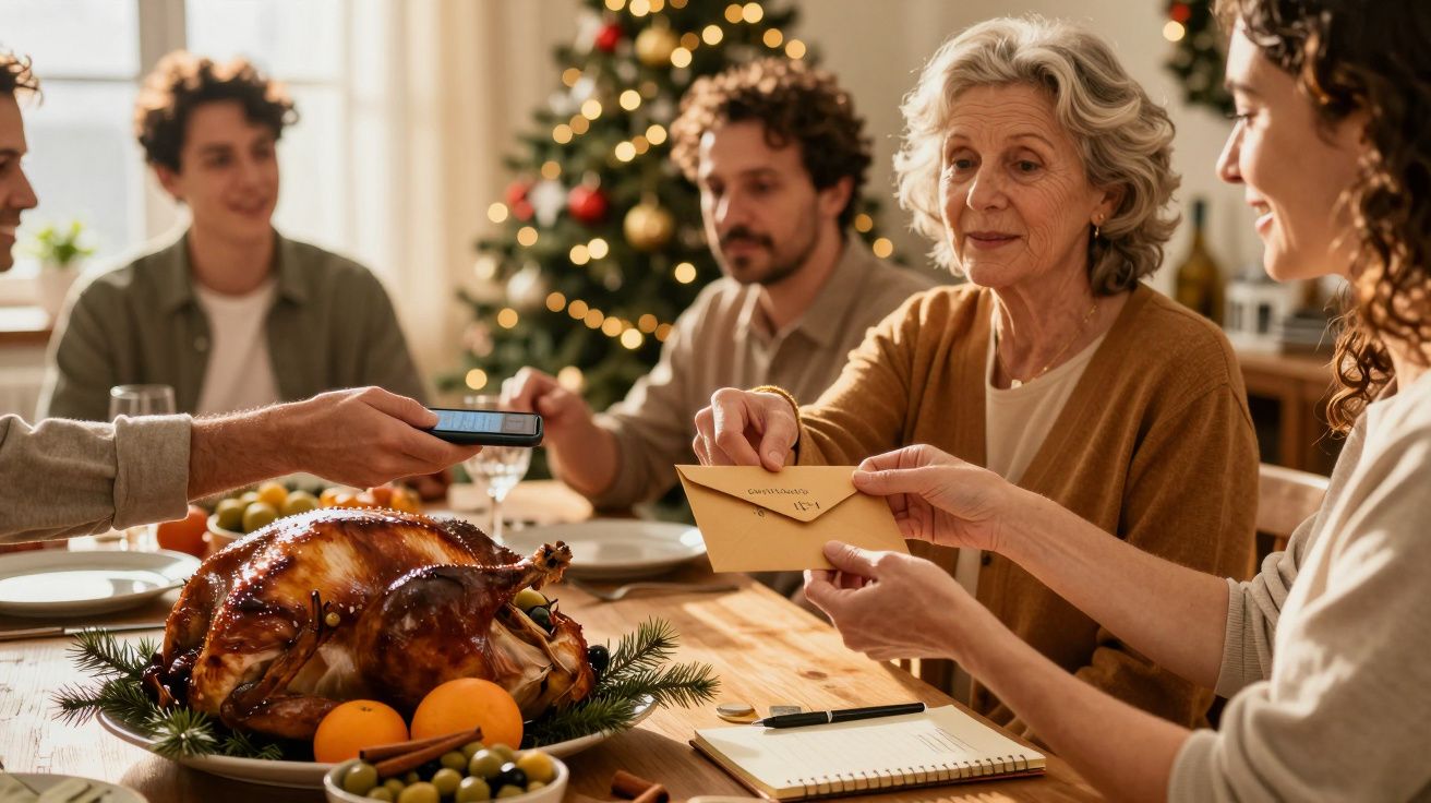 Família reunida em torno de uma mesa com peru assado, troca de prendas, com árvore de Natal ao fundo.