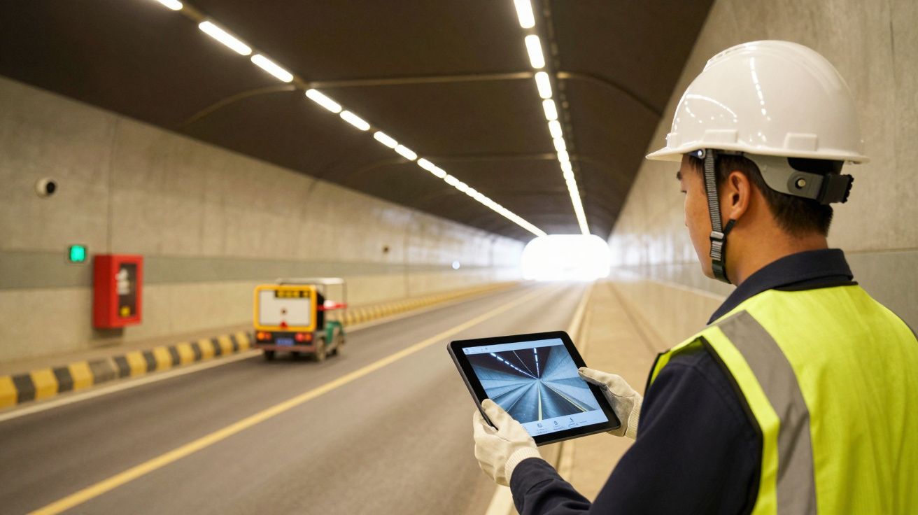 Trabalhador com capacete analisa ecrã de tablet em túnel rodoviário enquanto veículo se afasta ao fundo.