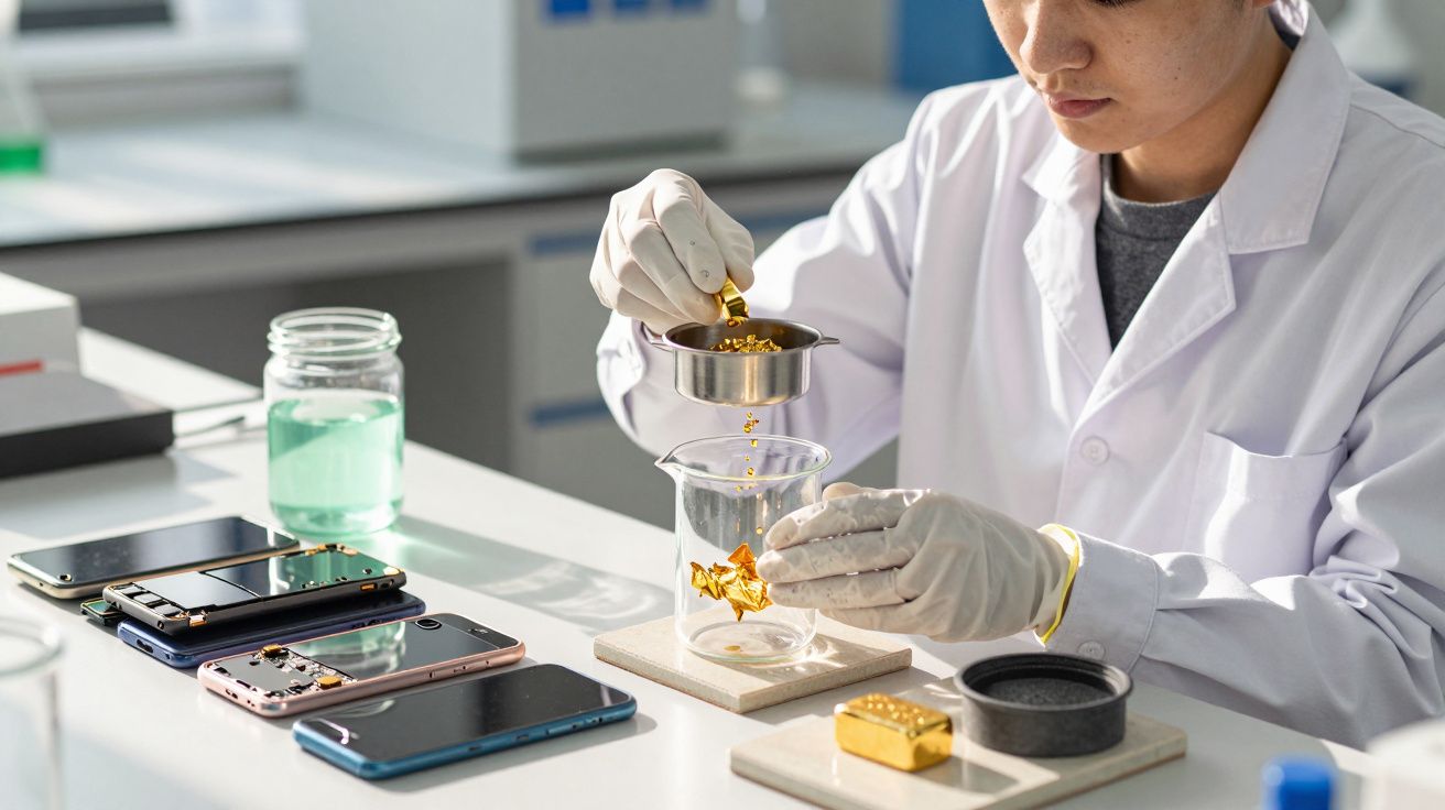 Cientista de casaco branco e luvas extraindo ouro de smartphones em laboratório.