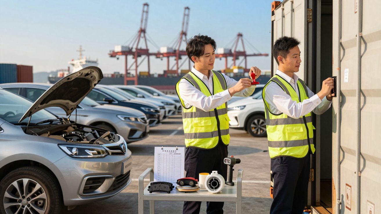 Dois homens de coletes refletores inspecionam um contentor, com carros ao fundo e ferramentas numa mesa próxima.
