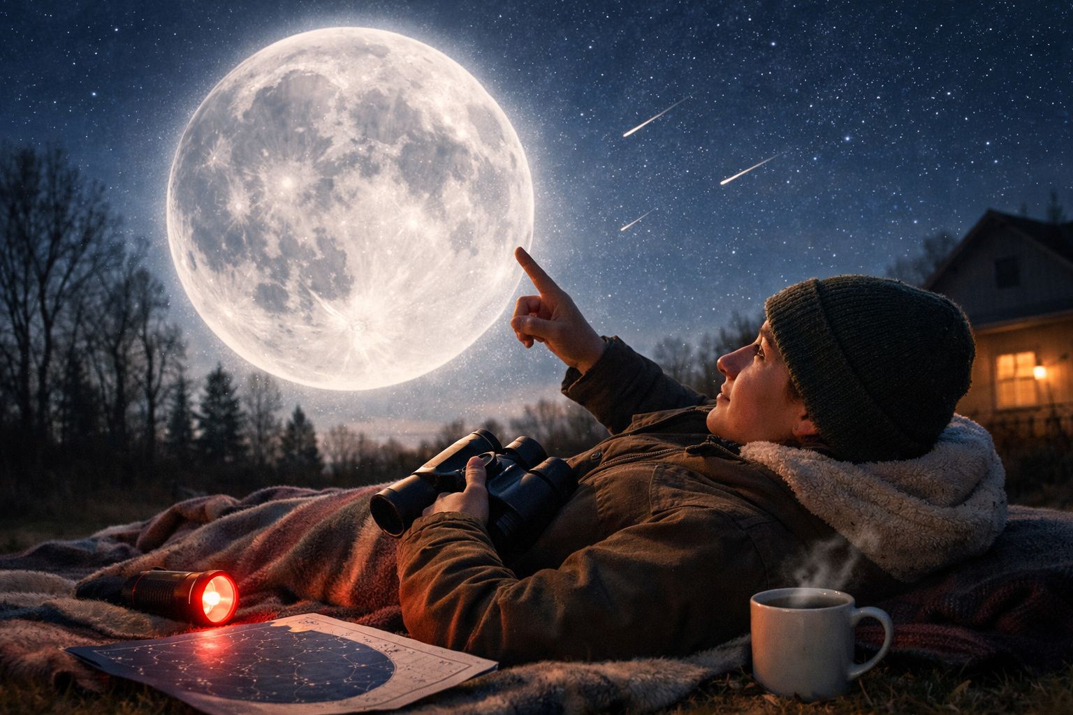 Pessoa olha para a lua cheia e meteoro no céu noturno com binóculos. Mapa, lanterna e caneca numa mesa ao lado.
