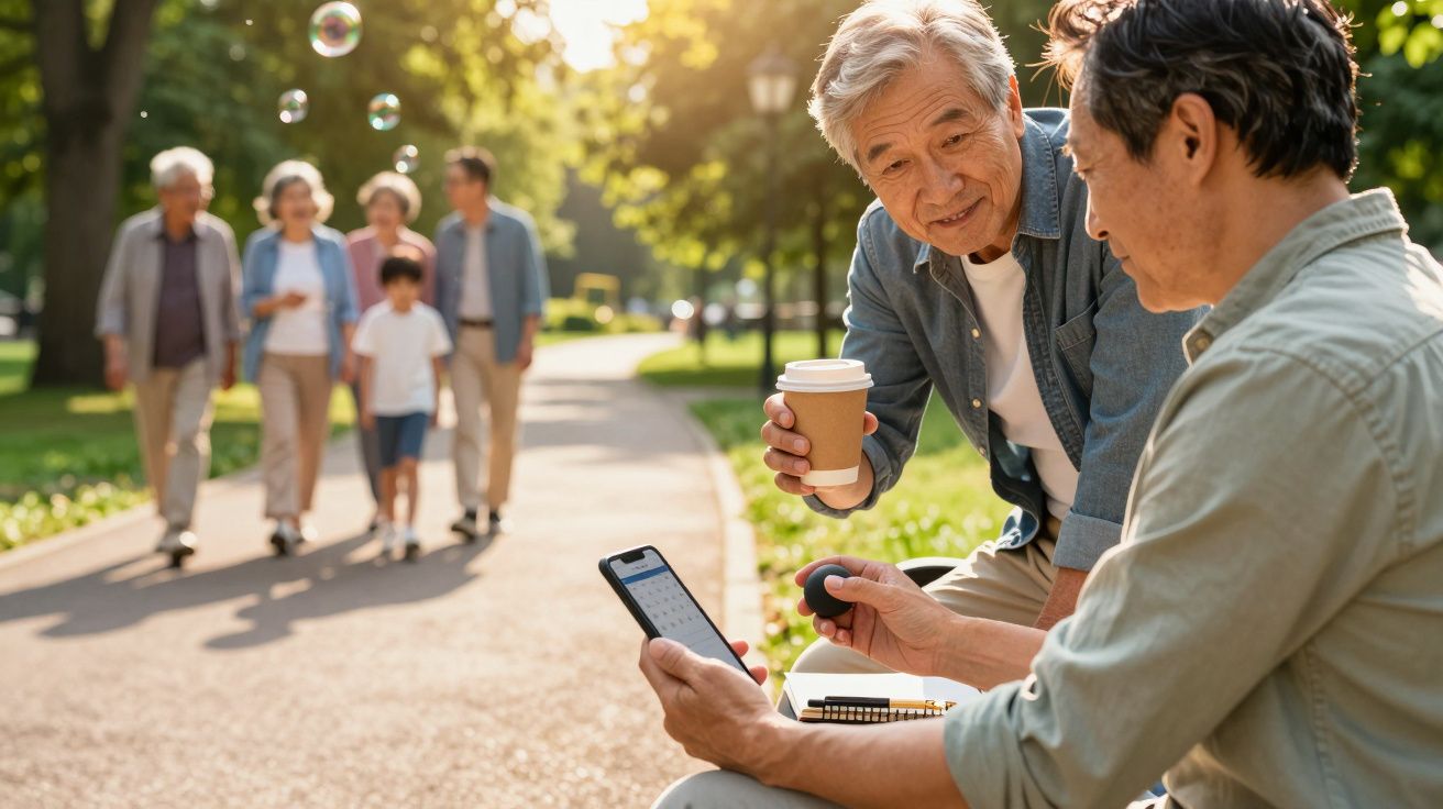 Dois homens conversam num banco de parque, um com café e o outro com smartphone; família passeia ao fundo.