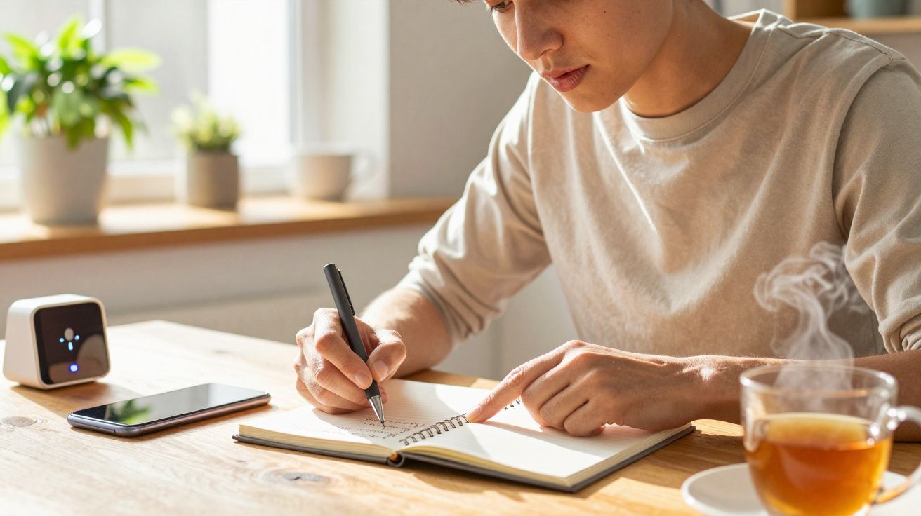 Pessoa a escrever num caderno numa mesa de madeira, com chá e telemóvel ao lado. Plantas ao fundo.
