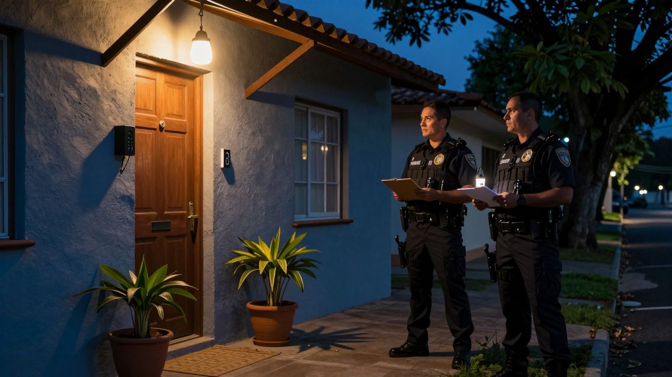 Dois policiais em frente a uma casa à noite, segurando pranchetas e olhando para a porta sob luz amarela.