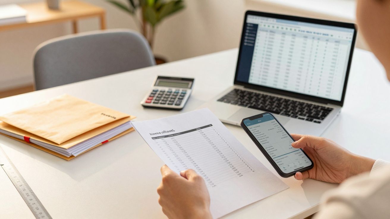 Pessoa analisa documentos num escritório com portátil, calculadora e telemóvel. Envelopes e papéis na mesa.