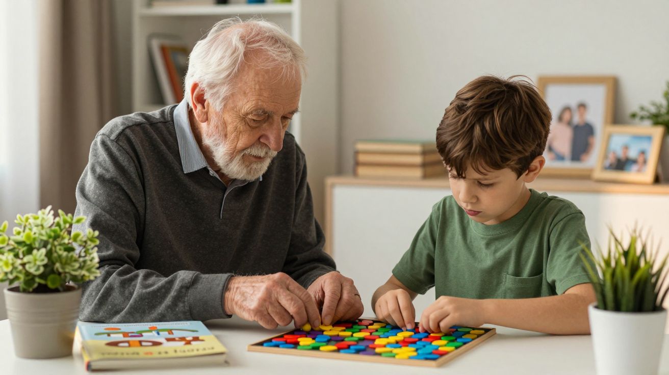 Idoso e criança jogam com peças coloridas numa mesa, focados na atividade dentro de uma sala decorada.