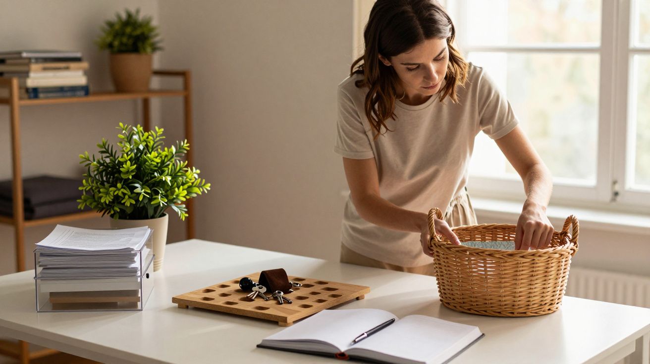 Mulher organiza uma mesa com documentos, cestos e planta, ao lado de uma janela.