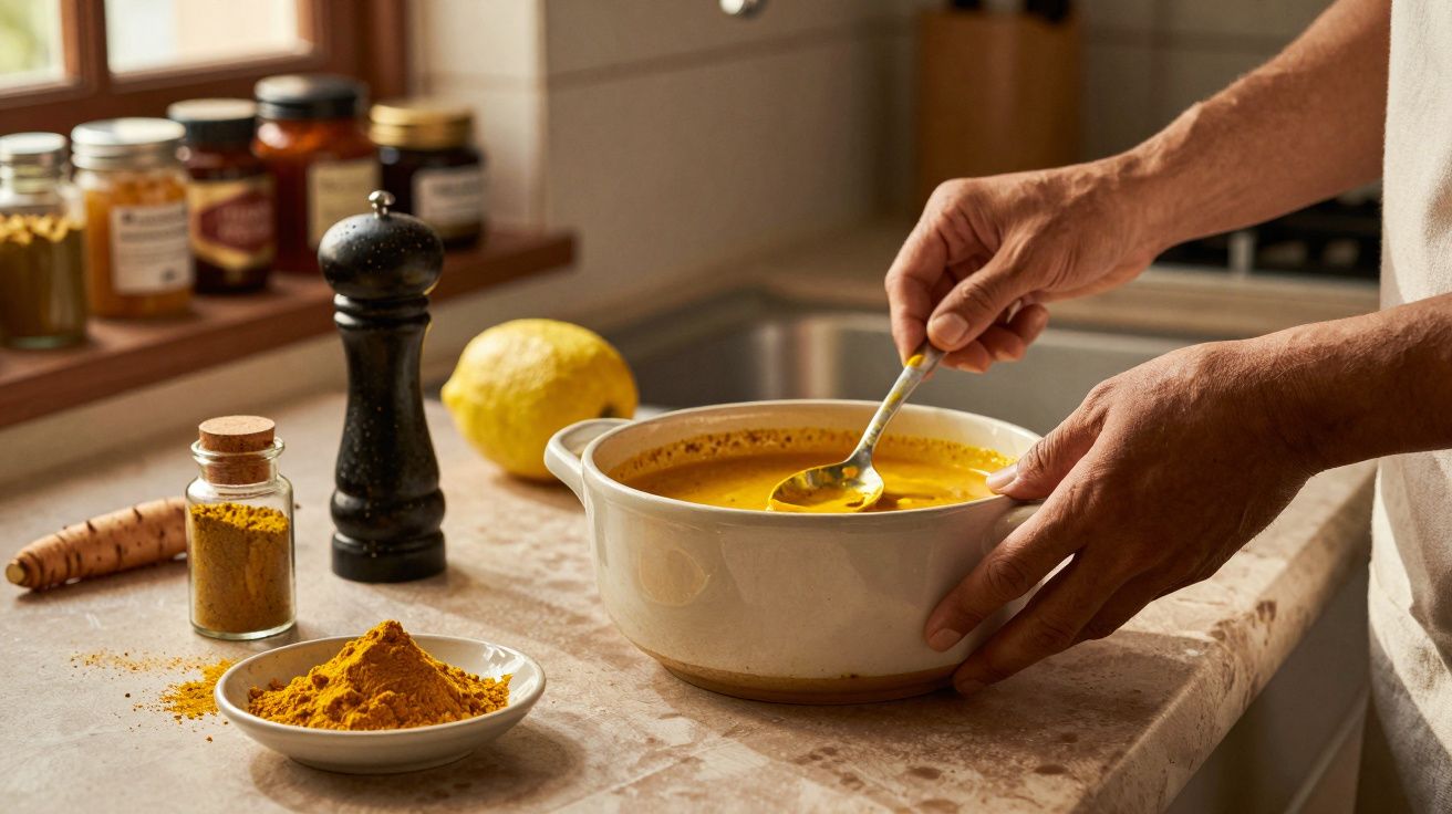 Pessoa mistura sopa de curcuma em taça na cozinha, com especiarias e limão ao lado.