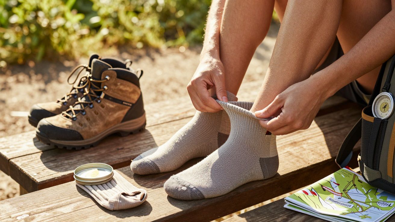 Pessoa sentada num banco a calçar meias, botas de caminhada ao lado, mapa e bússola sobre o banco.