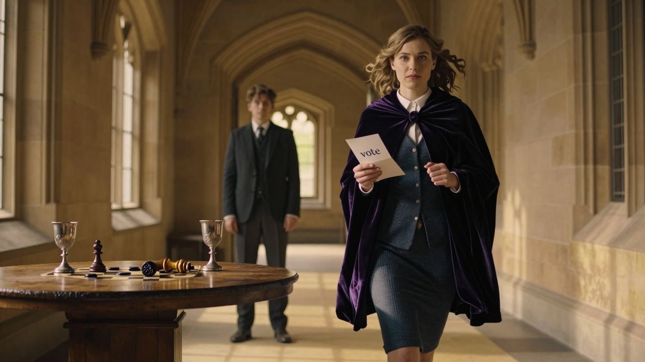 Mulher caminha em corredor de pedra, segurando envelope de voto. Ao fundo, homem em pé. Mesa com objetos à esquerda.