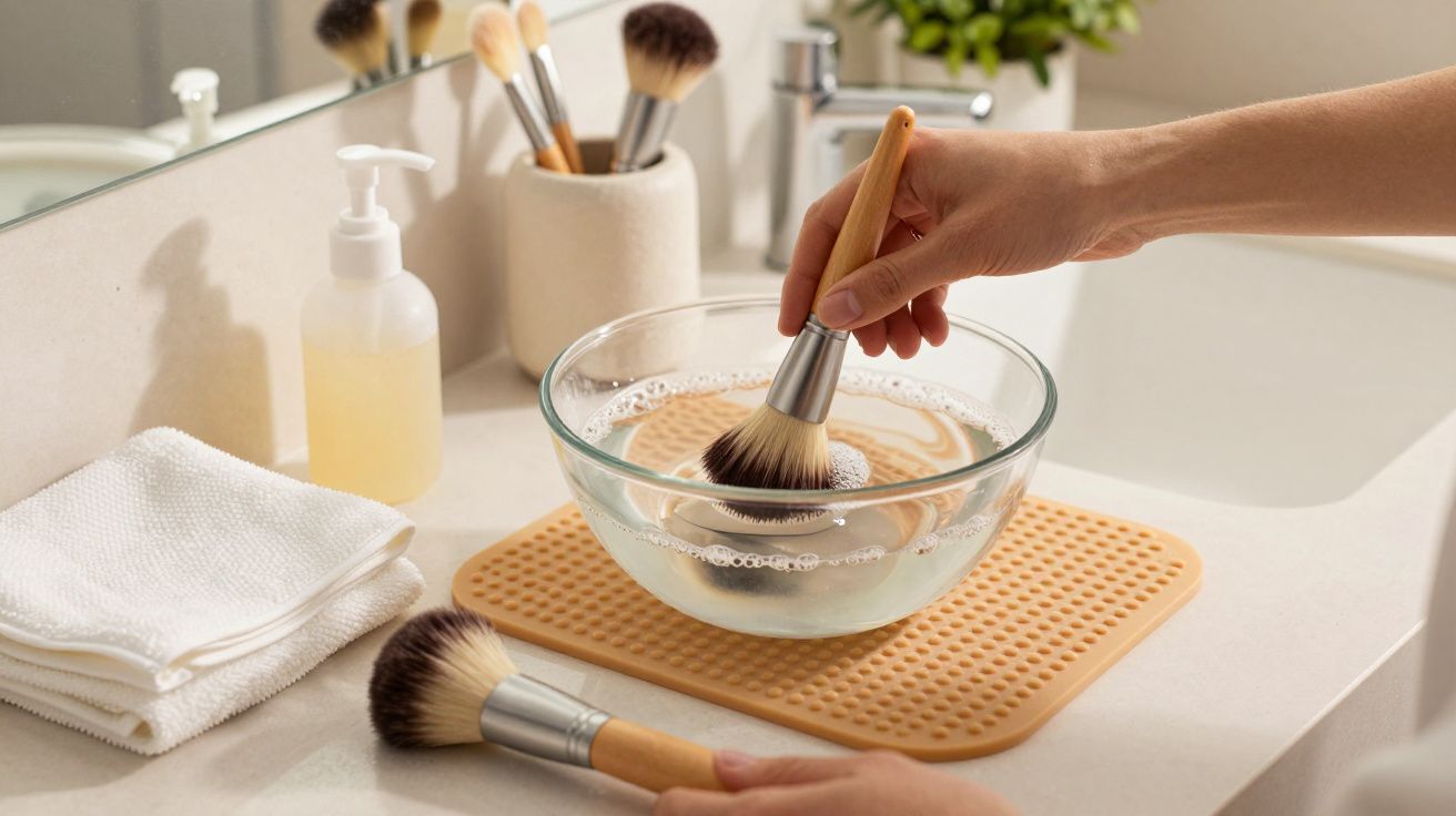 Mãos lavando pincel de maquilhagem numa tigela com água e sabão, toalhas brancas ao lado.