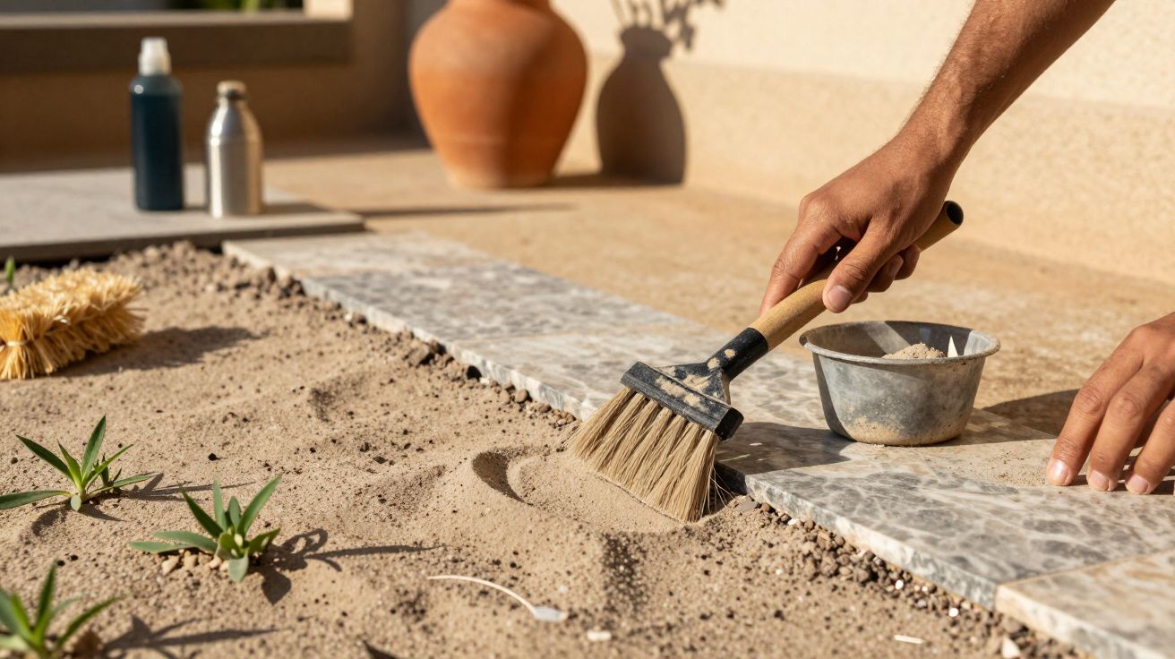 Mãos escovam areia sobre uma superfície de pedra ao ar livre, com vasos de plantas e utensílios ao fundo.
