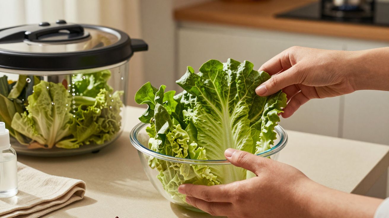 Mãos preparando alface numa tigela de vidro, com uma saladeira ao fundo numa bancada de cozinha.