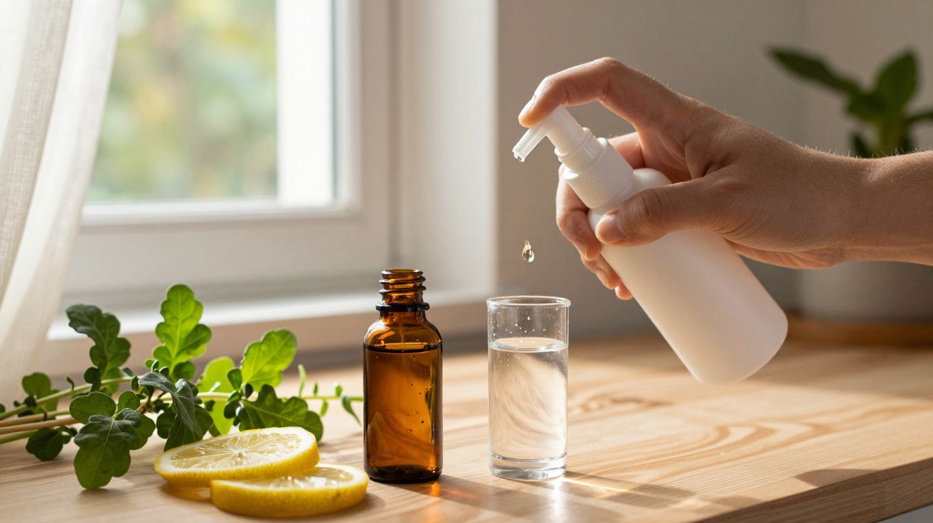 Mão adiciona líquido a copo com ervas, limões e frascos de vidro num balcão de madeira junto a uma janela.