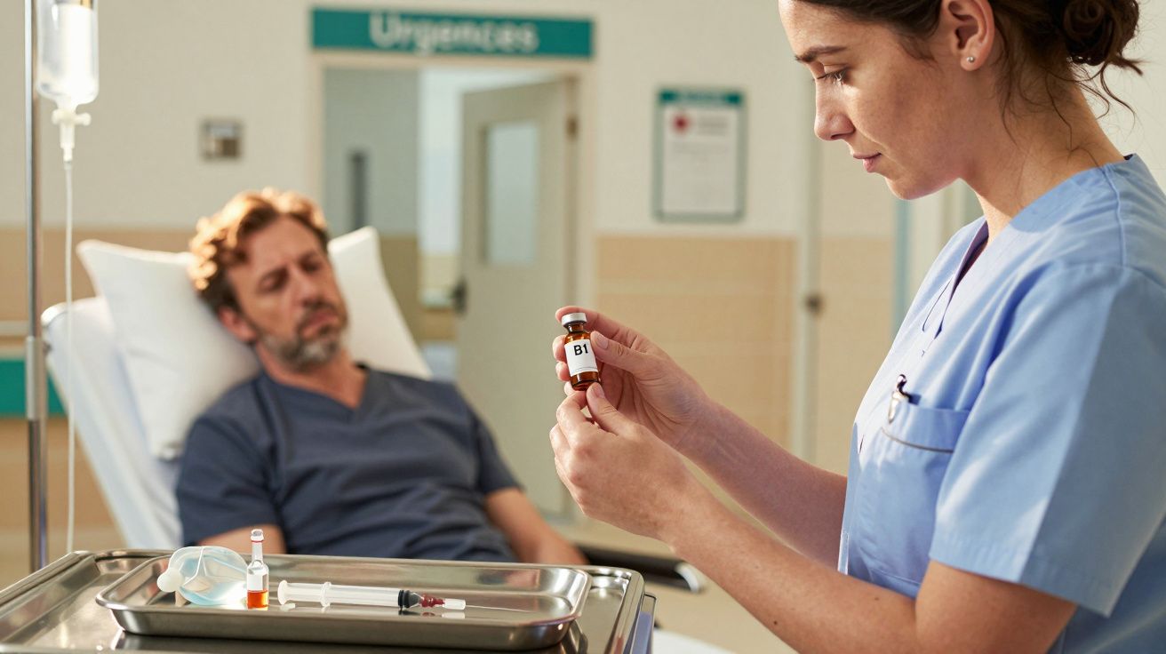 Enfermeira examina ampola de medicamento enquanto paciente repousa numa cama de hospital ao fundo.