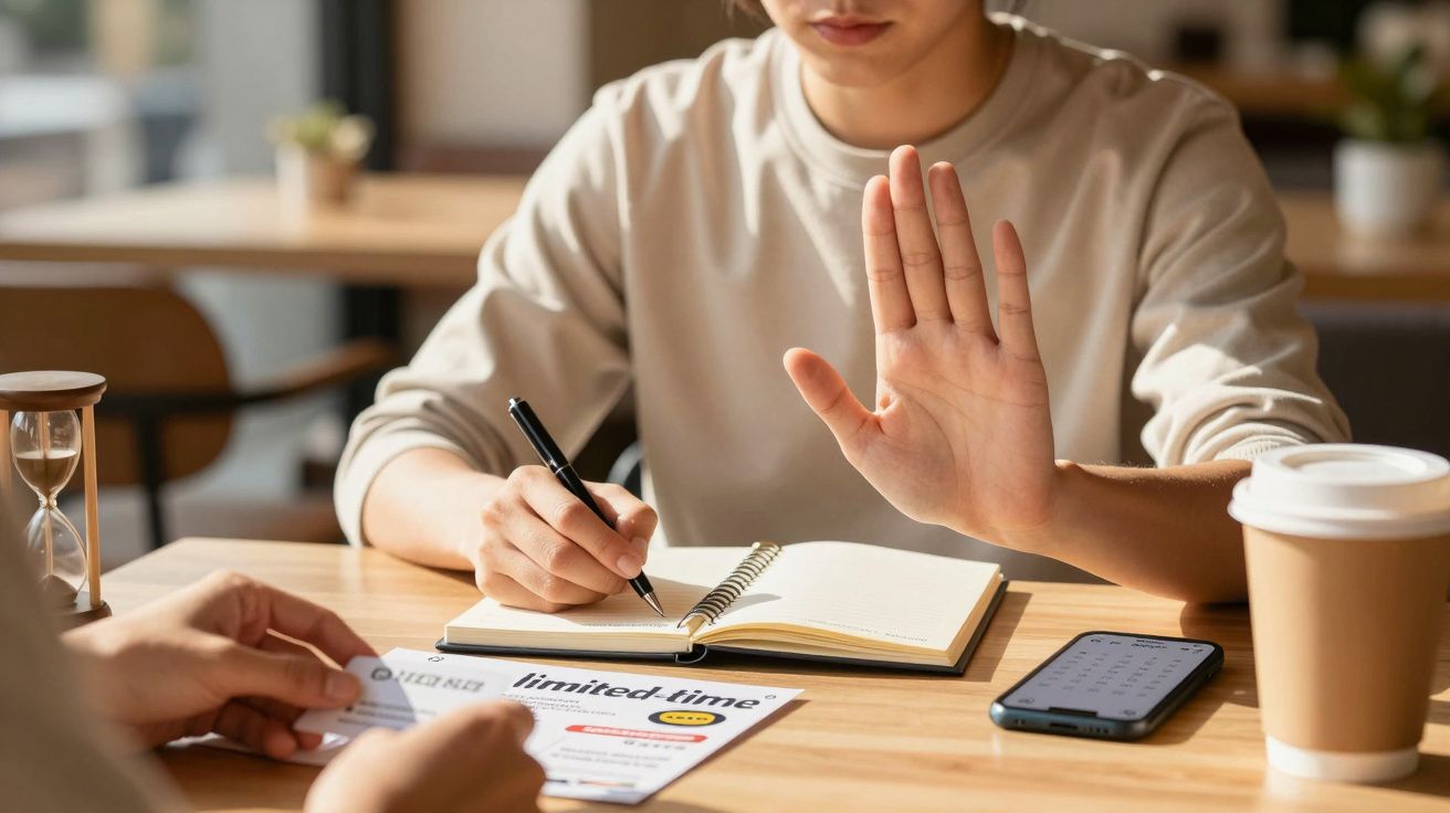 Pessoa rejeita oferta, mão levantada; caderno, telemóvel e café sobre a mesa.
