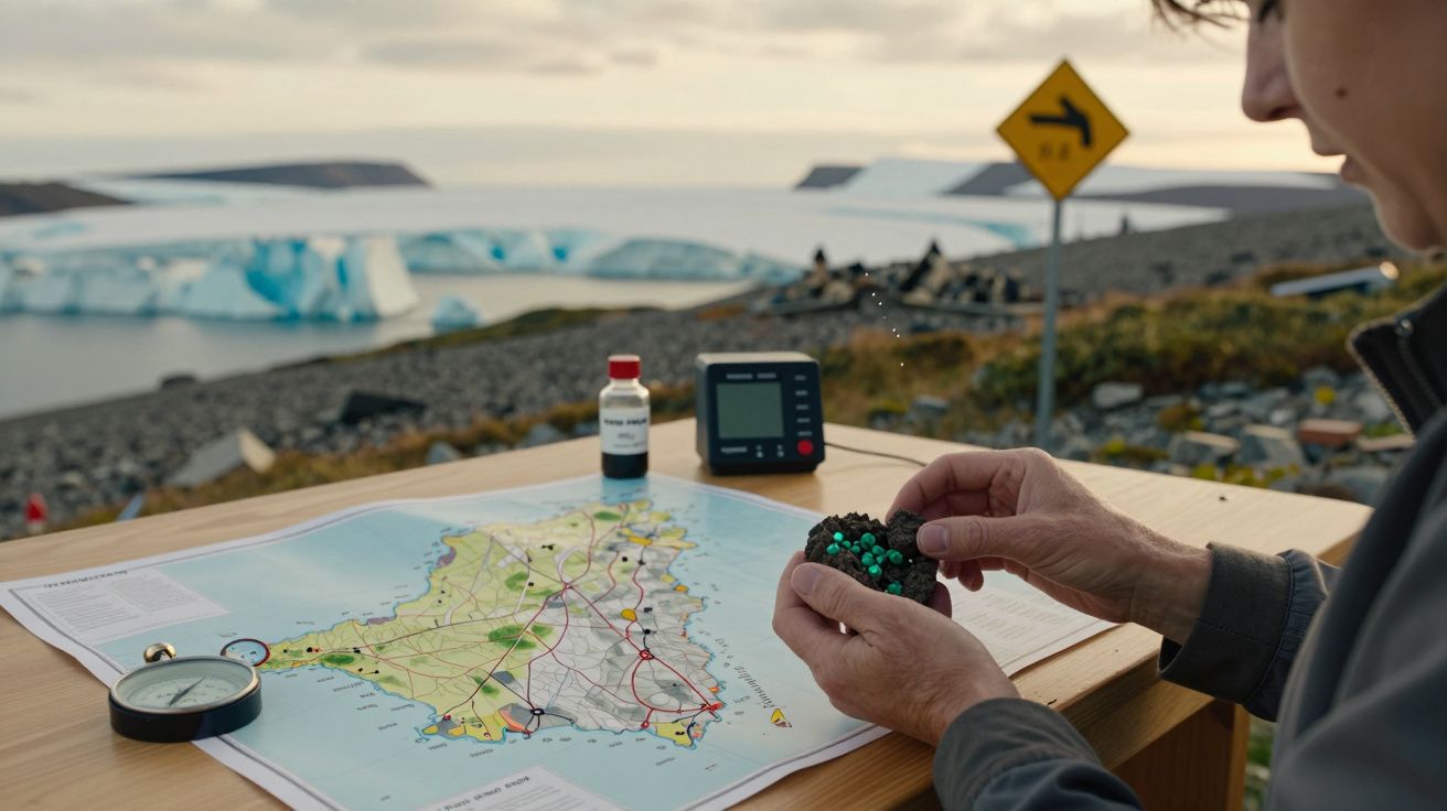 Pessoa segurando objeto verde sobre mapa, com garrafa e dispositivo eletrónico. Paisagem ártica ao fundo.