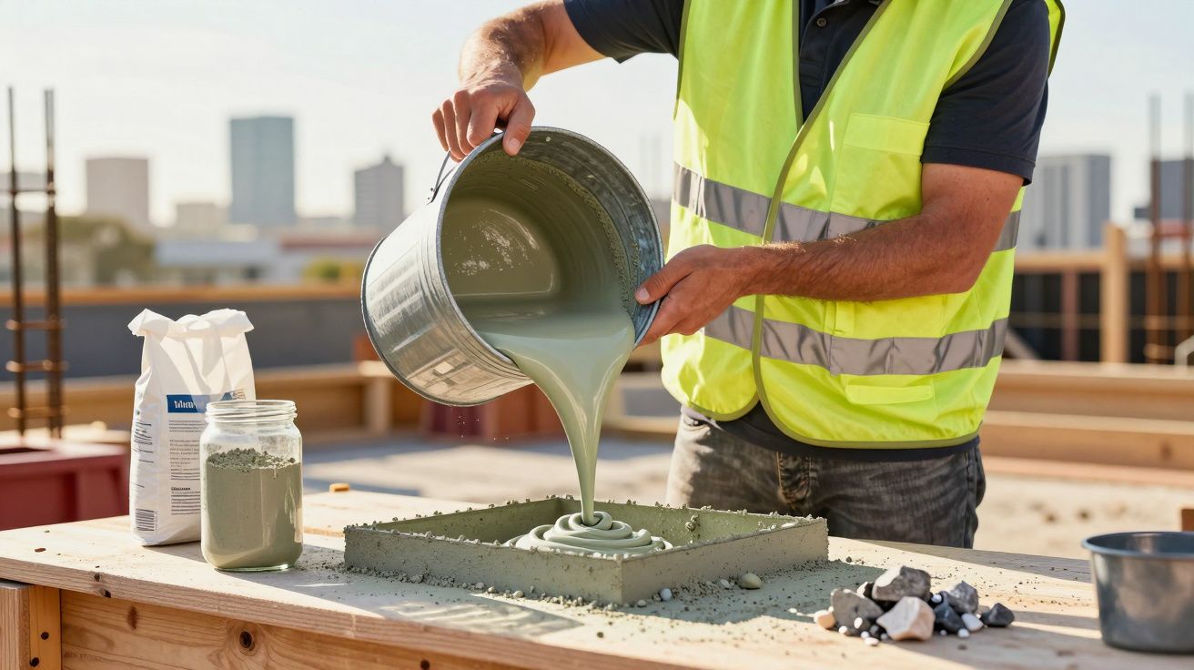 Trabalhador de construção a verter cimento verde em molde, usando colete refletor, num local de obras ao ar livre.
