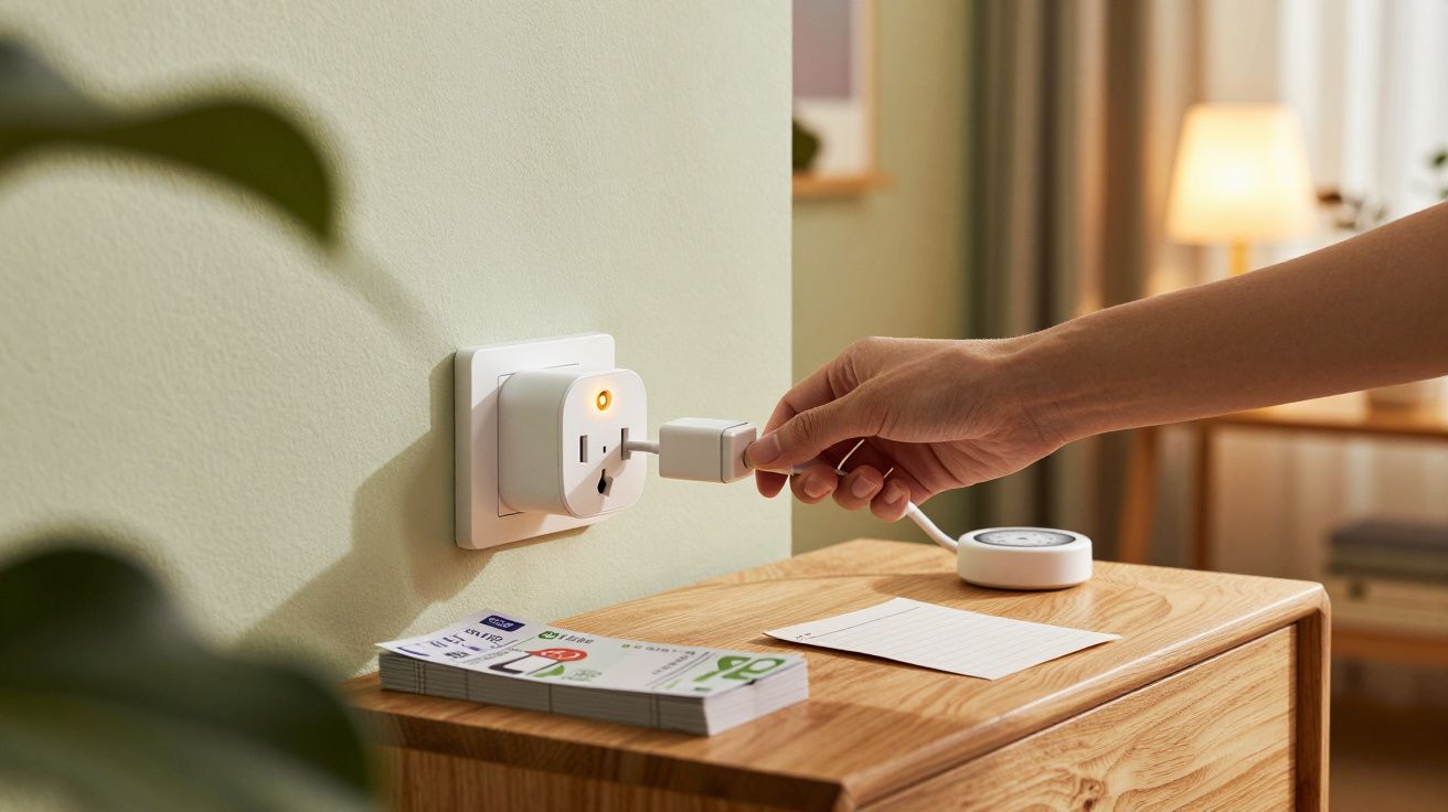 Mão a ligar uma ficha numa extensão elétrica na parede, num ambiente doméstico com móveis de madeira e iluminação suave.