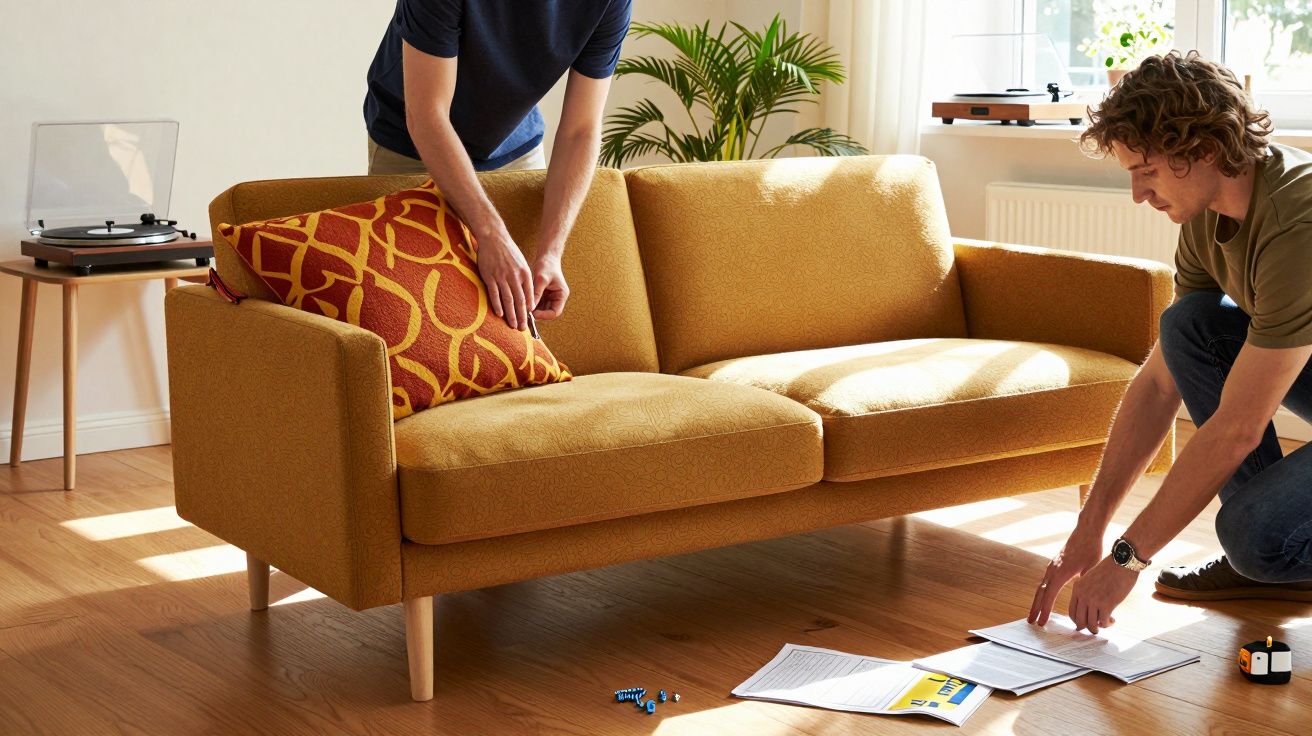 Pessoas arrumam documentos e almofada na sala com sofá amarelo, planta ao fundo e gira-discos numa mesa lateral.