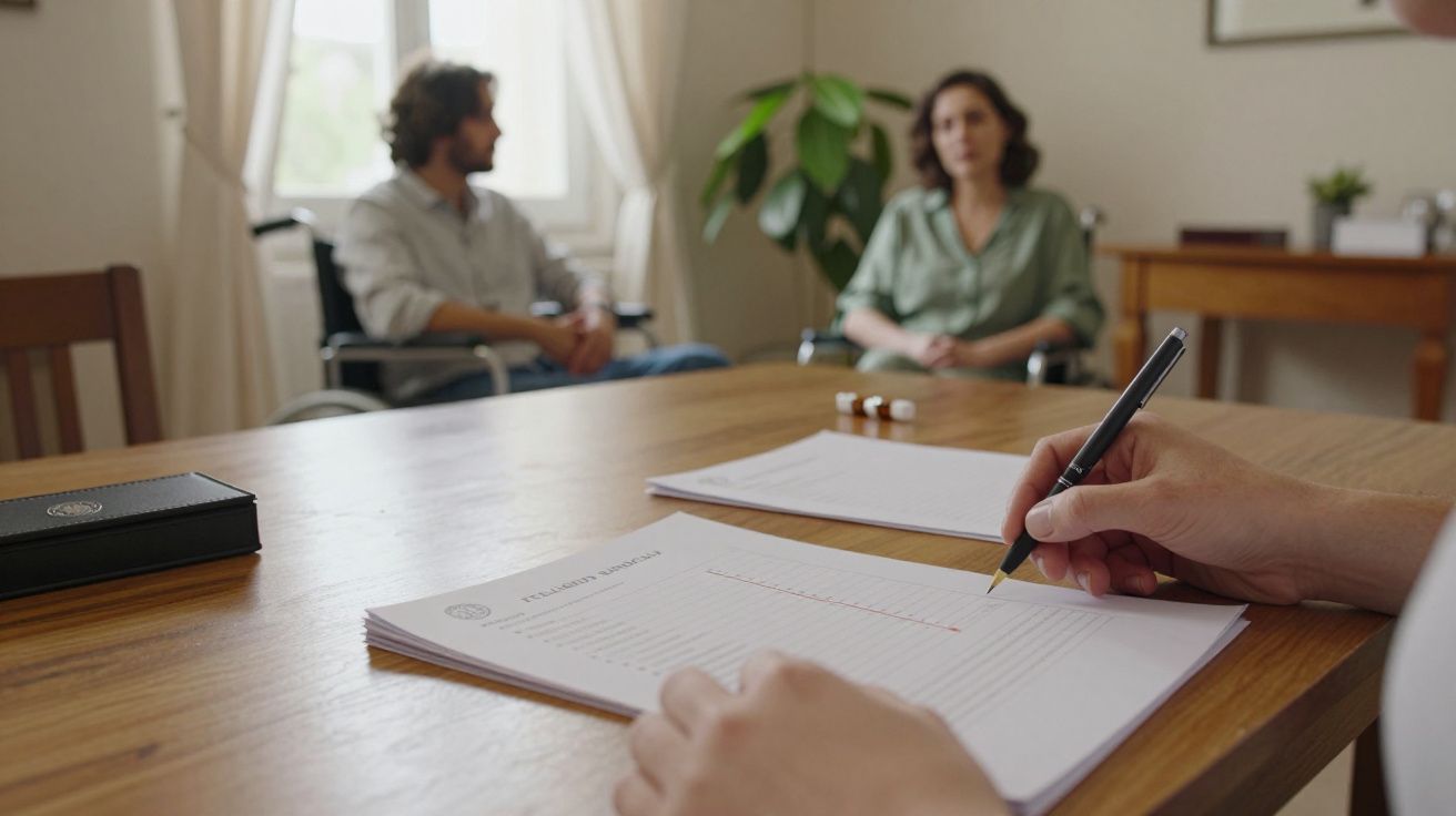 Pessoa a escrever num documento, enquanto um homem e uma mulher conversam sentados no fundo de uma sala iluminada.