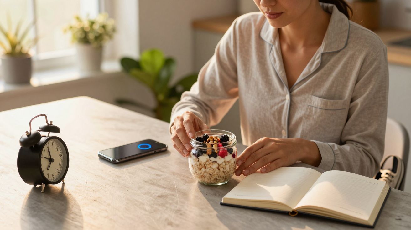 Mulher em pijama está à mesa com despertador, livro aberto e frasco de iogurte com frutas.